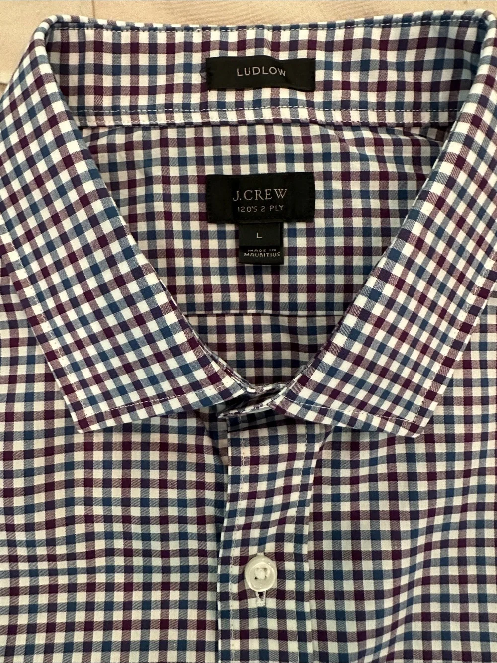 J. Crew Men's Navy Burgundy  and White Gingham Button-Down Shirt Large